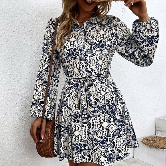 Multicolor Boho Womens Random Allover Print Belted Shirt Dress - Picture 4 of 5